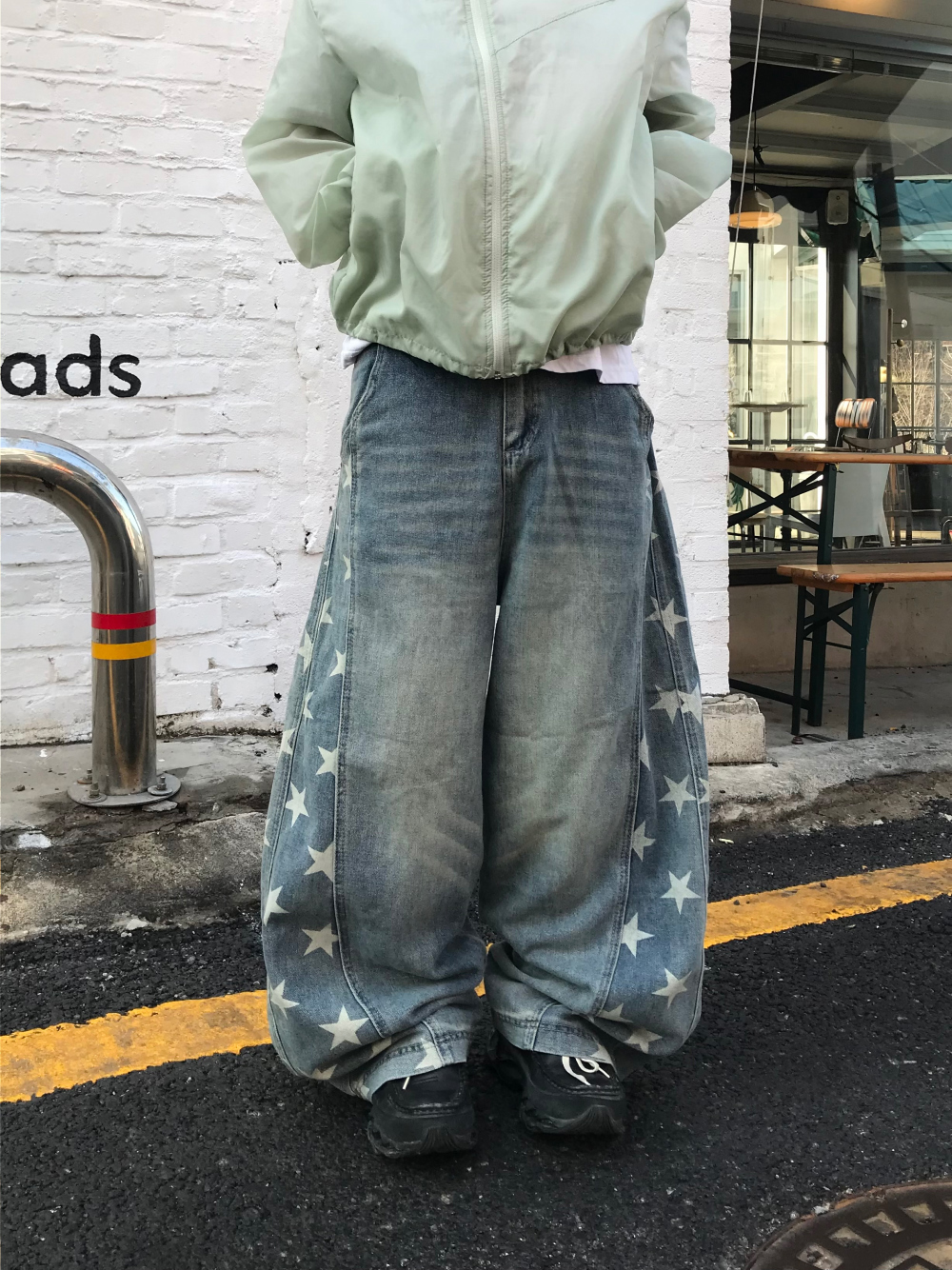 <不撞褲>XIN SELECT 韓國 星星 印刷 氣球 彎刀 牛仔 長褲