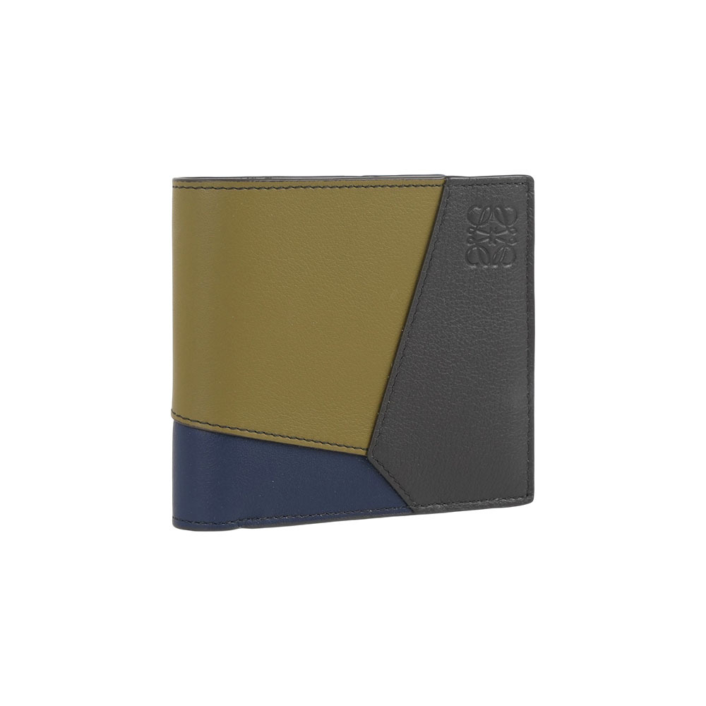 【LOEWE】Puzzle 拼色縫線小牛皮對開8卡短夾(橄欖綠/深棕)