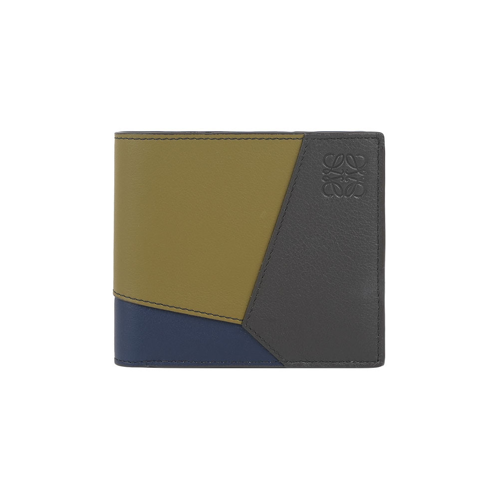 【LOEWE】Puzzle 拼色縫線小牛皮對開8卡短夾(橄欖綠/深棕)