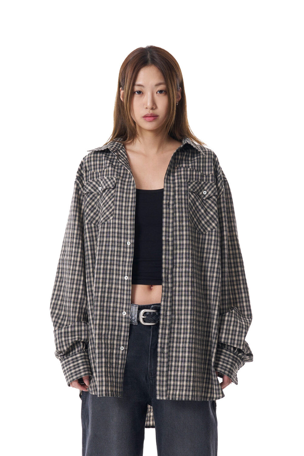 (K13)Western Vintage Check Shirts (Black)