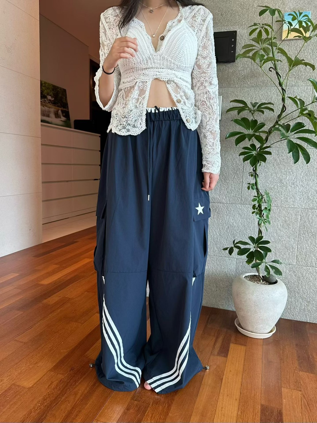 星星斜線休閒褲