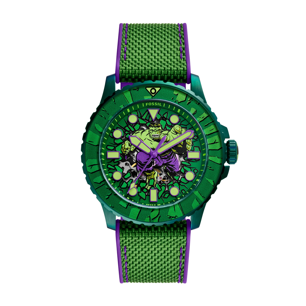 Marvel x Fossil 聯名浩克雷霆一擊紀念腕錶 綠紫色尼龍錶帶 45MM LE1246SET