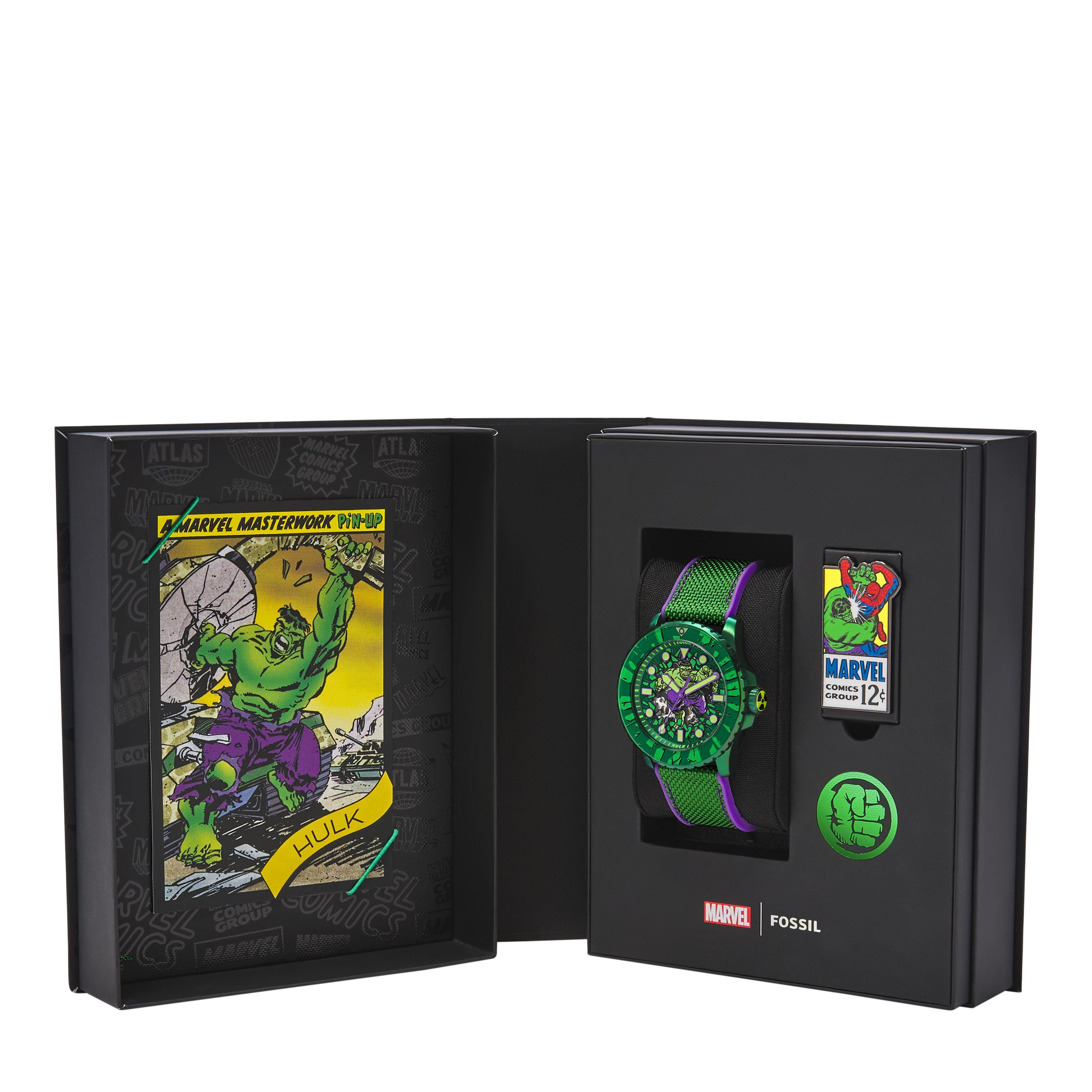 Marvel x Fossil 聯名浩克雷霆一擊紀念腕錶 綠紫色尼龍錶帶 45MM LE1246SET