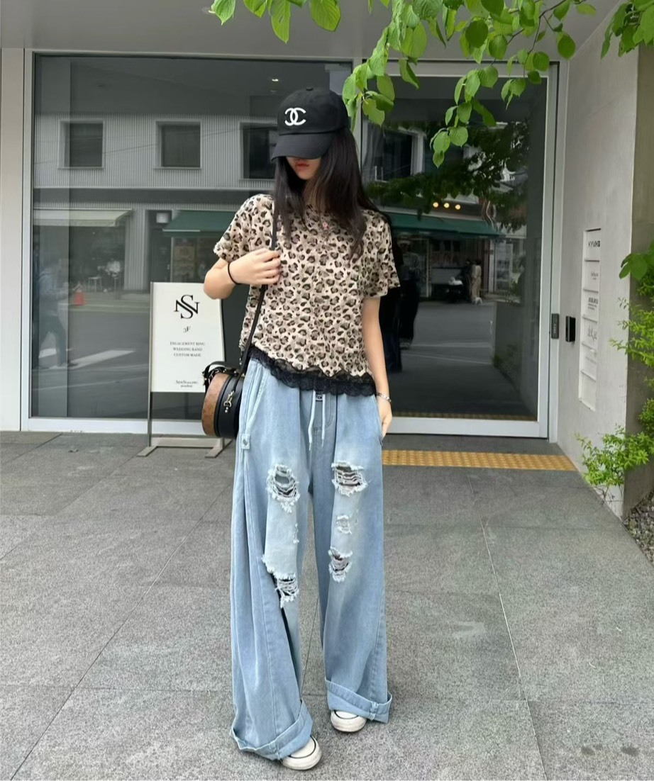 蕾絲襬豹紋T