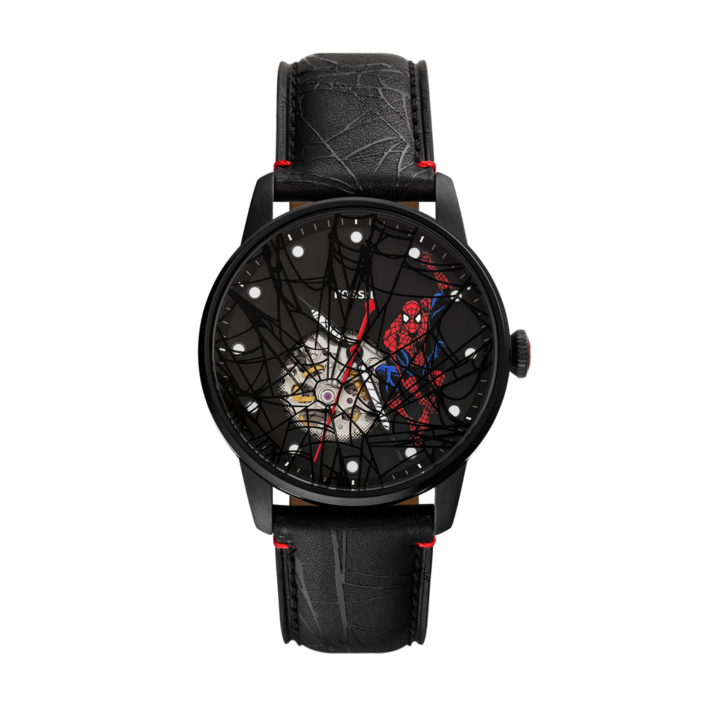 Marvel x Fossil 聯名蜘蛛人蜘蛛感應紀念腕錶 黑紅色真皮錶帶 42MM LE1247SET