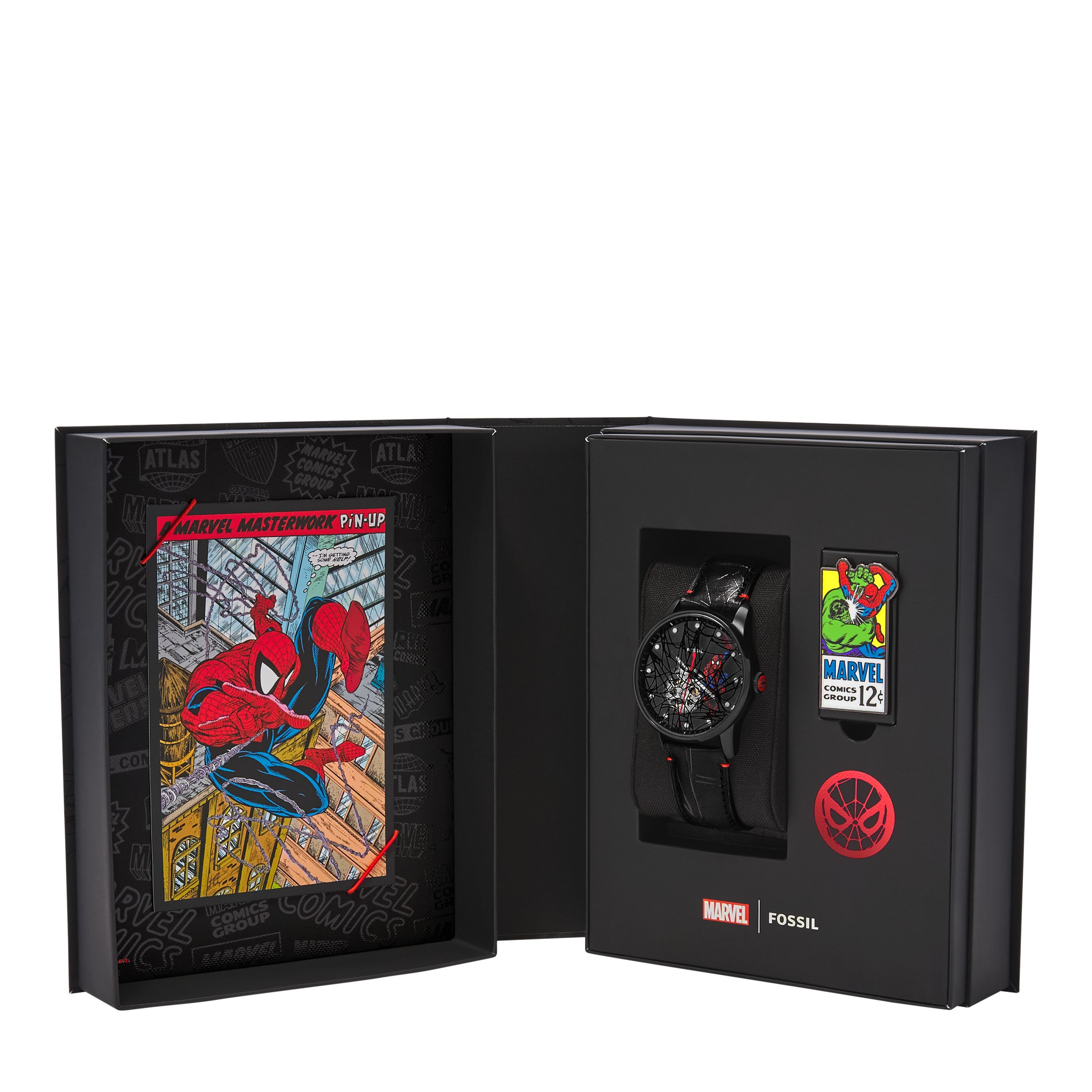 Marvel x Fossil 聯名蜘蛛人蜘蛛感應紀念腕錶 黑紅色真皮錶帶 42MM LE1247SET