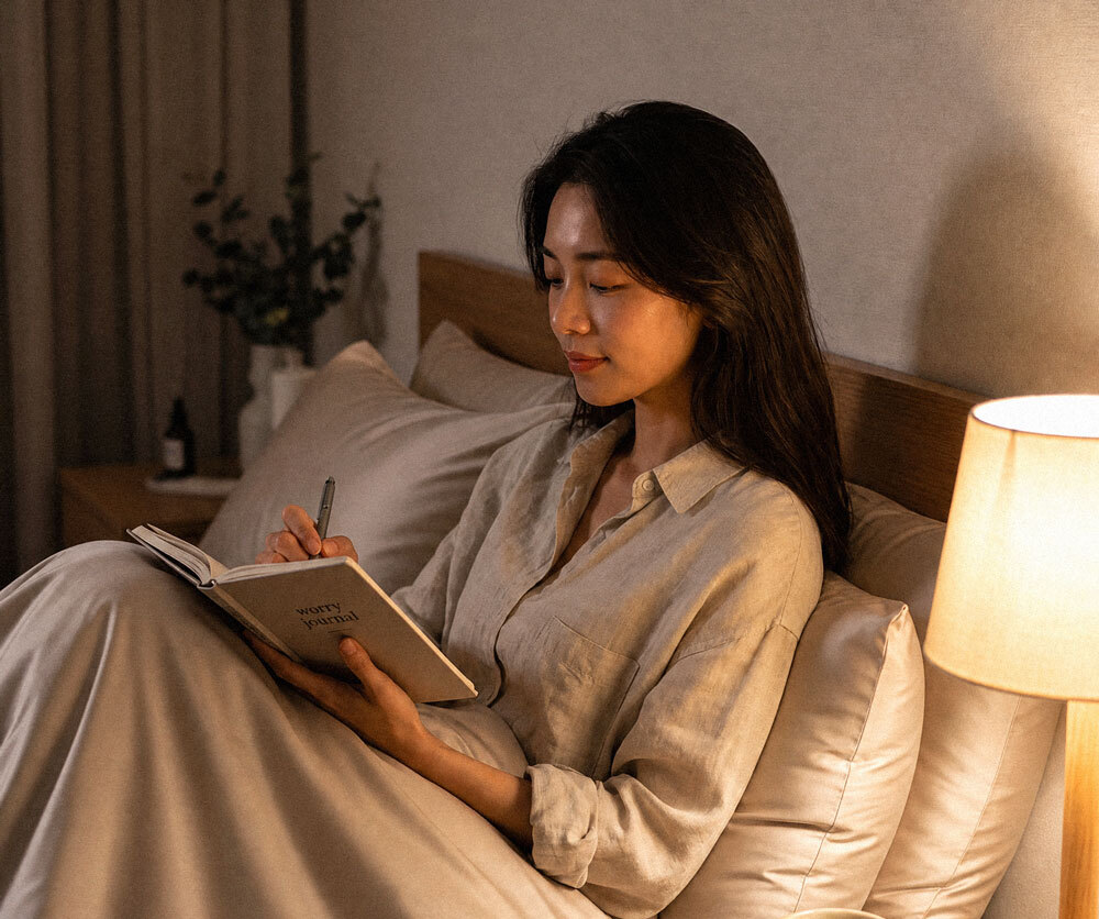 年輕女性坐在床上閱讀