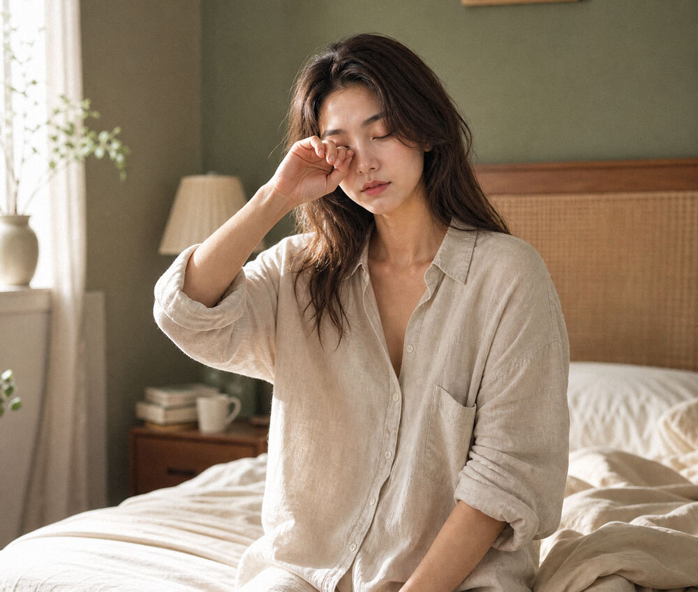 疲憊女性坐床邊揉眼_晨光