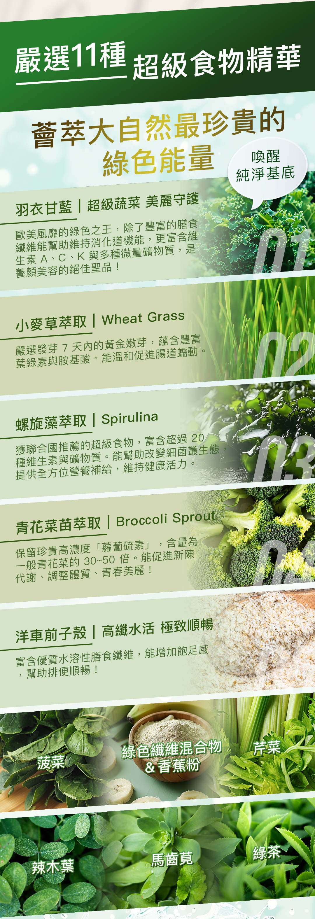 青萃極上青汁！富含11種超級食物，薈萃大自然最珍貴的綠色能量「羽衣甘藍、小麥草、螺旋藻萃取、青花菜苗、洋車前子殼、菠菜、芹菜」等豐富營養素
