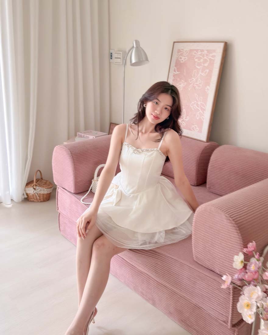 LINA LINA高貴甜絮鑽石緞面蝴蝶結網紗洋裝-優雅白