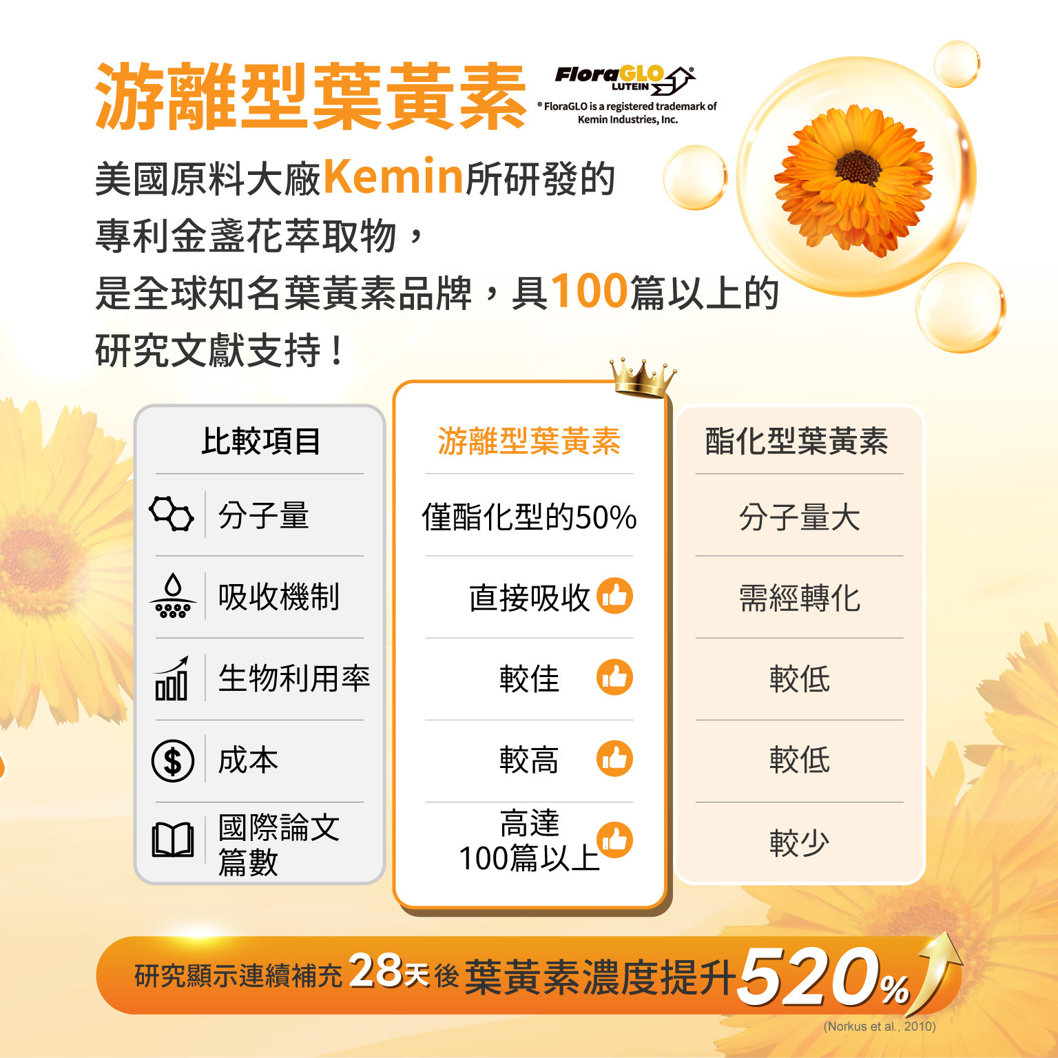 FloraGLO:游離型葉黃素,美國原料大廠 Kemin 所研發的專利金盞花萃取物，是全球知名葉黃素品牌，具100篇以上的研究文獻支持！