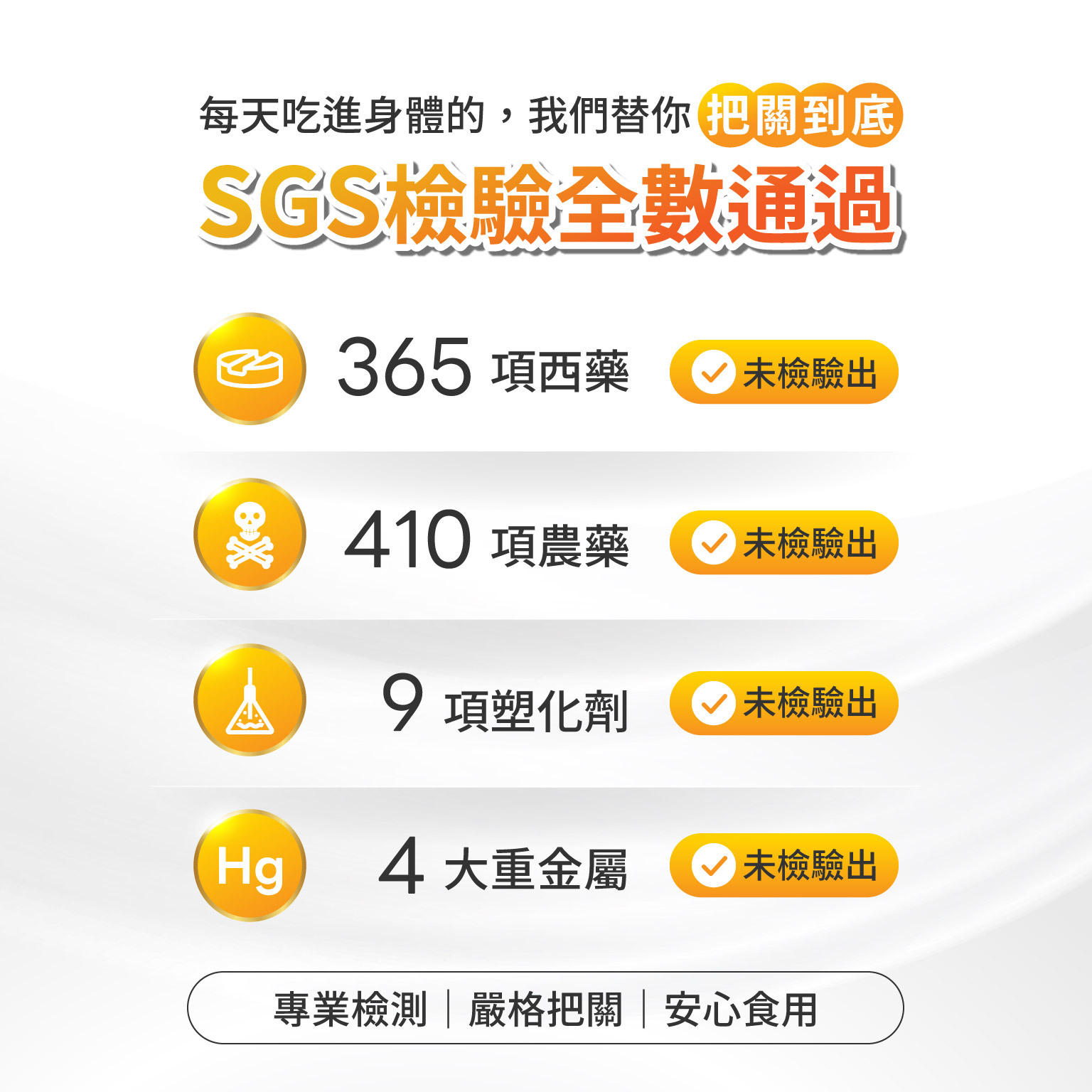 每天吃進身體的，我們替你把關到底,SGS檢驗全數通過,365項西藥 未檢出 410項農藥 未檢出 9項塑化劑 未檢出 4大重金屬 未檢出