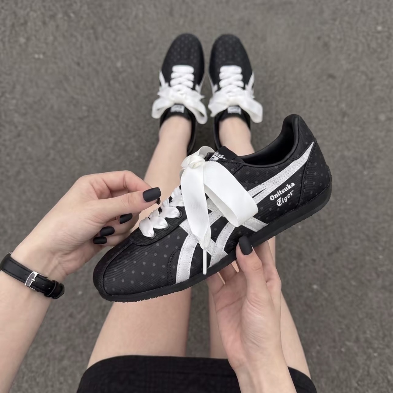 ONITSUKA TIGER RUNSPARK 黑白波點 緞帶鞋帶 休閒鞋 鬼塚虎 女鞋 1183C713-001