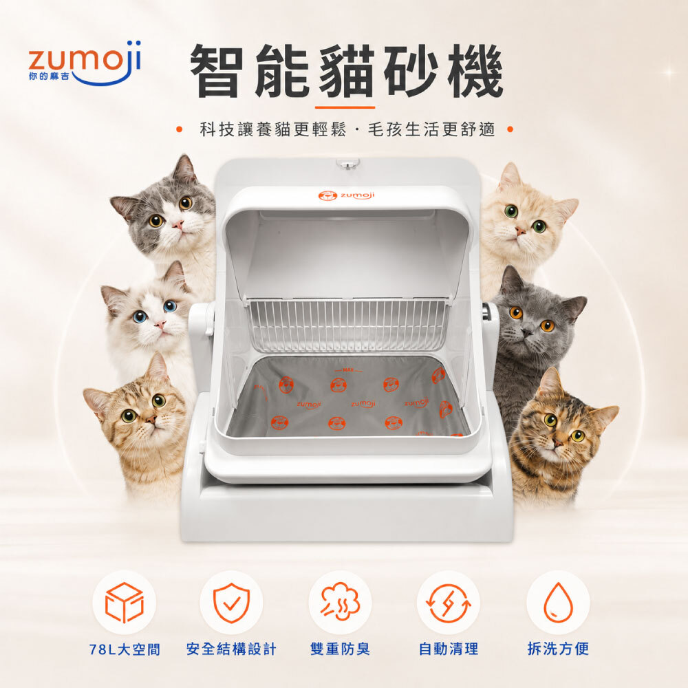 ZUMOJI 智能貓砂機產品主視覺,78L大空間開放式設計,具備安全結構、雙重防臭、自動清理與方便拆洗功能,適合多貓家庭使用。