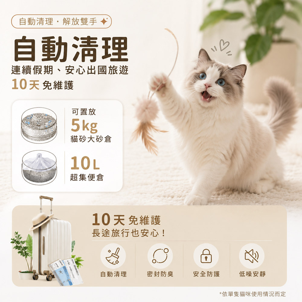 ZUMOJI 智能貓砂機具備自動清理功能,搭配 5kg 大砂倉與 10L 集便盒,最長可達 10 天免維護,外出旅行也能安心。