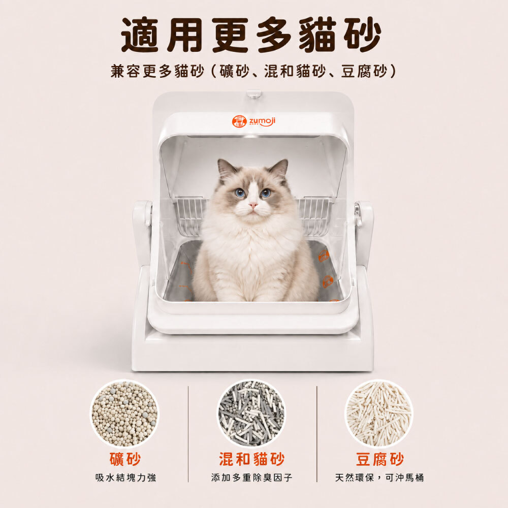 ZUMOJI 智能貓砂機可兼容礦砂、混合貓砂與豆腐砂,多種貓砂皆適用,滿足不同貓咪與飼主的使用需求。