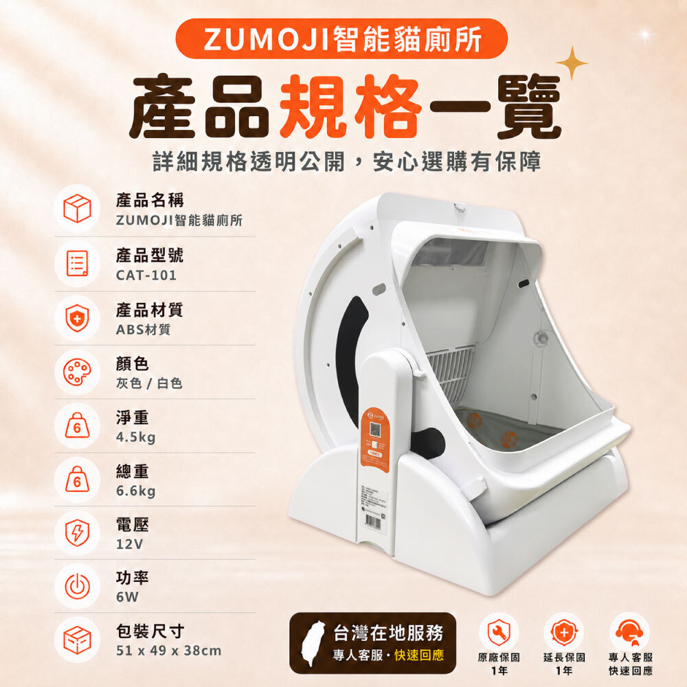 ZUMOJI 智能貓廁所 CAT-101 產品規格圖,ABS 材質,灰白配色,淨重 4.5kg、總重 6.6kg,12V、6W,包裝尺寸 51×49×38cm,並提供台灣在地客服與 1+1 年保固。