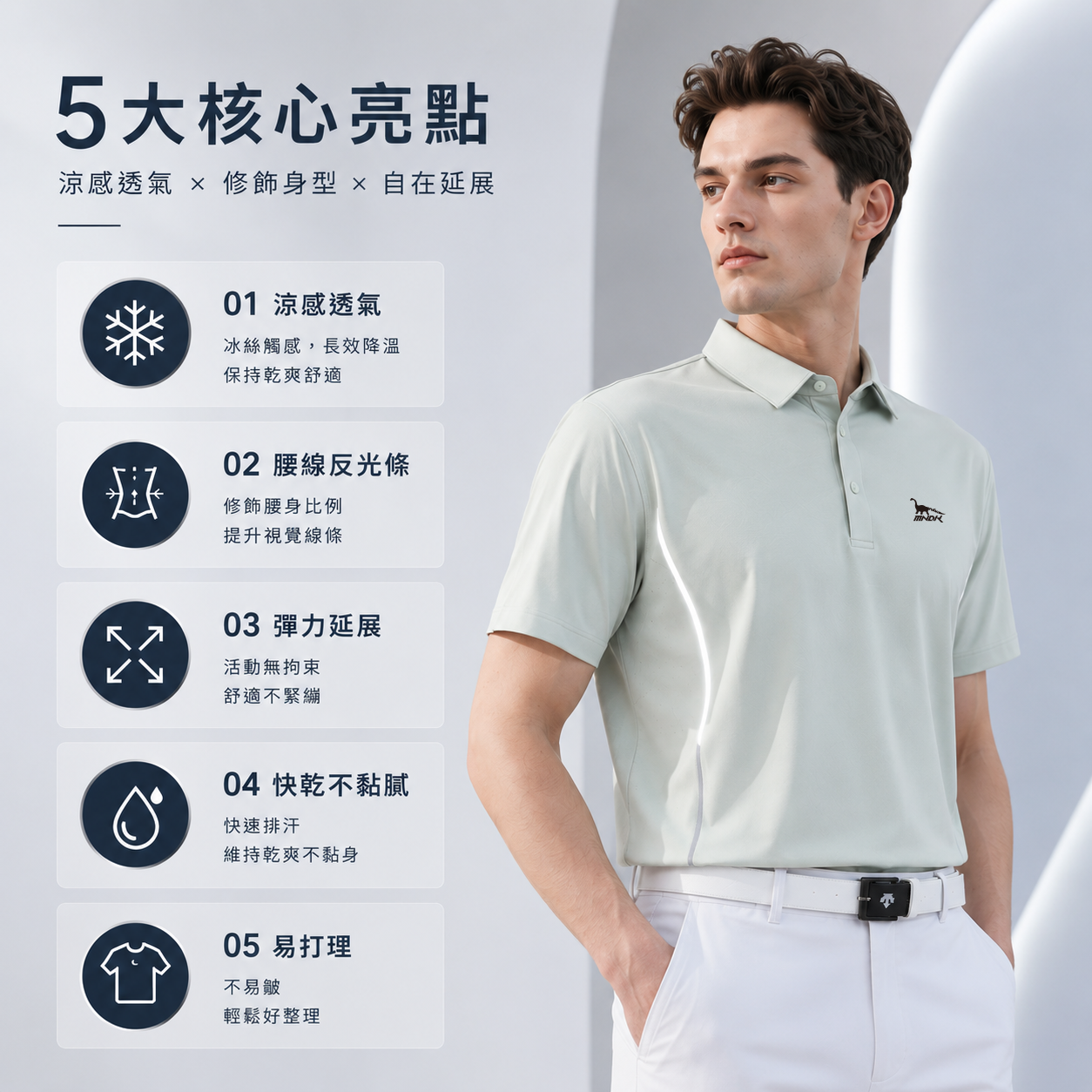 MNDK莫納帝克｜客製化團體服｜專業運動服｜公司制服｜台中-POLO-RE27-腰線反光條涼感透氣POLO-7色