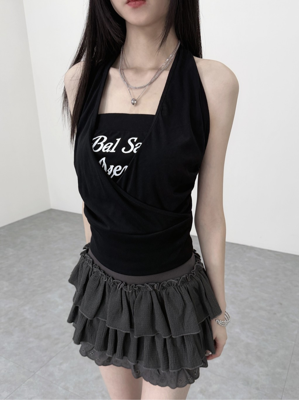A0329-A12 Y2K辣妹堆堆掛脖字母平口背心