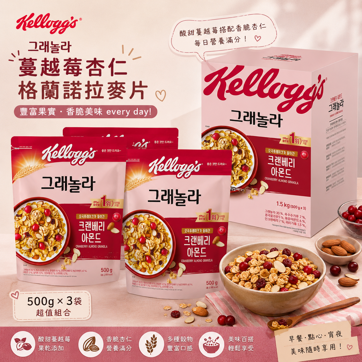 【預購】WKR072103  Kellogg's 蔓越莓杏仁格蘭諾拉麥片(500g × 3袋)