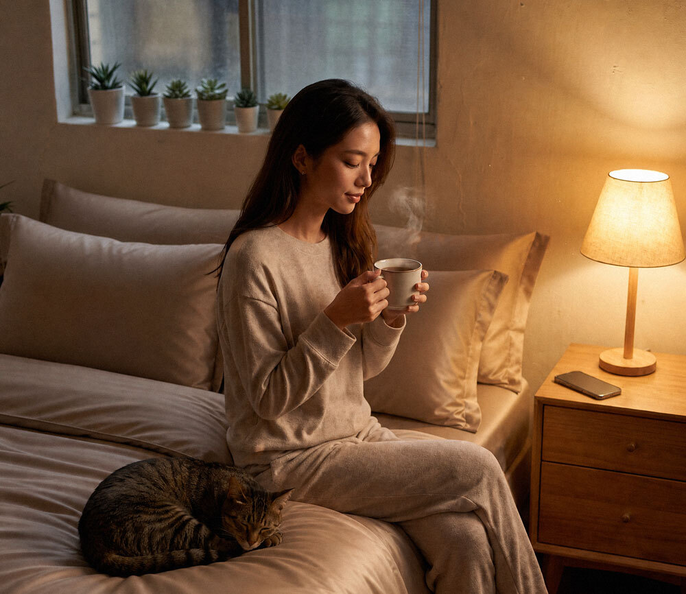 女性與貓的臥室_暖色天絲寢具