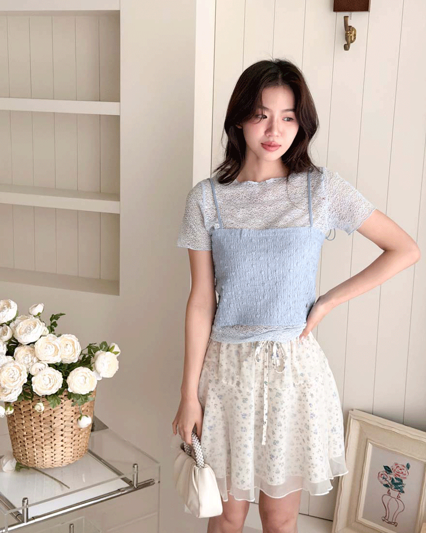 LINA LINA仙氣花蕾碎花拼接網紗綁結短裙-杏底藍花