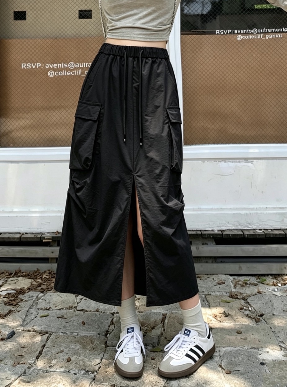 前開岔速乾工裝長裙