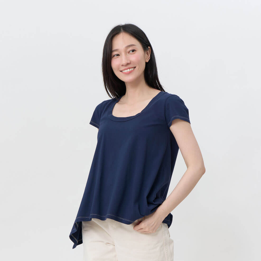 素面純棉短袖傘襬女TEE/單寧藍
