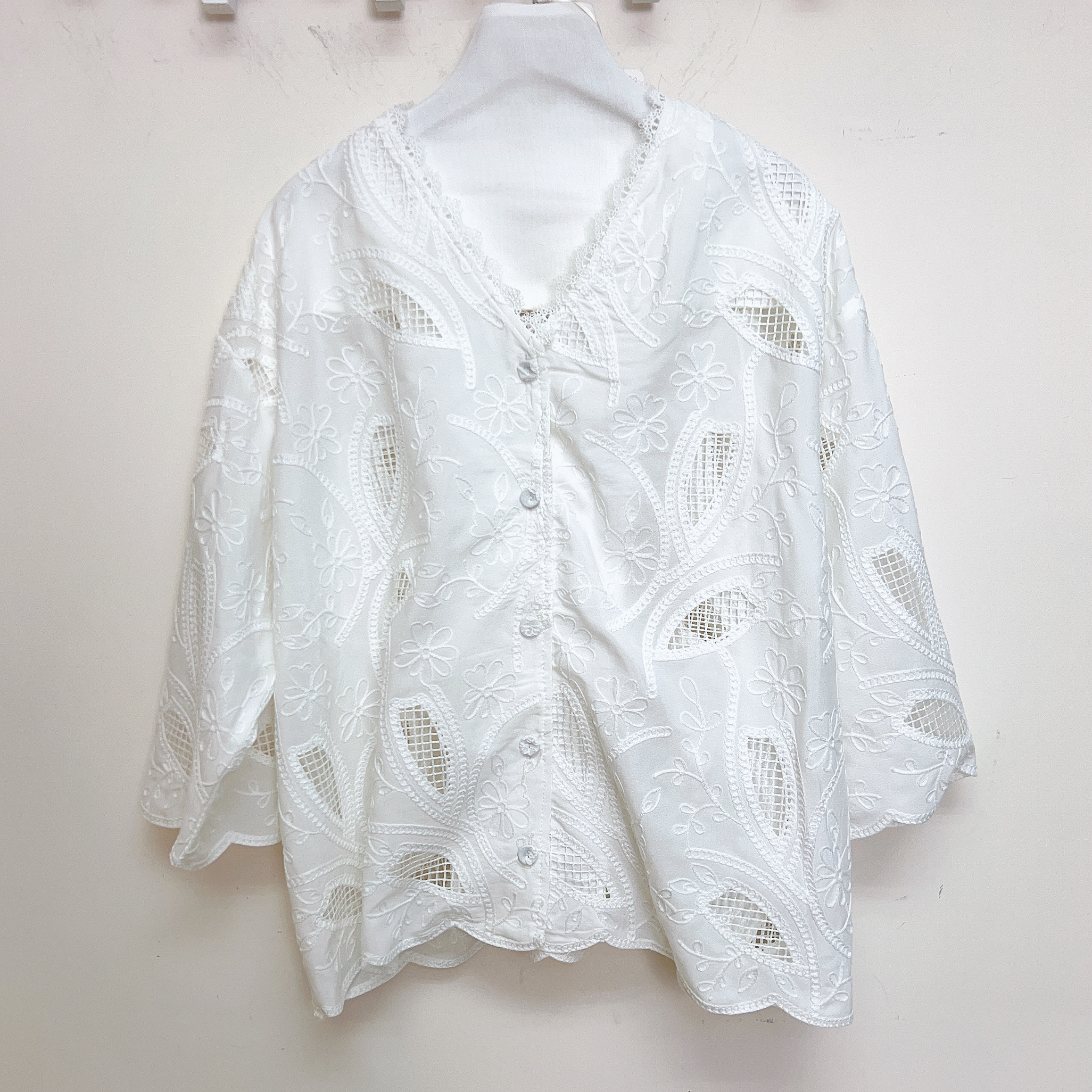 蕾絲V領邊樹葉鏤空刺繡長袖上衣(胸46 腰48 長23吋) 69113 #2407clo