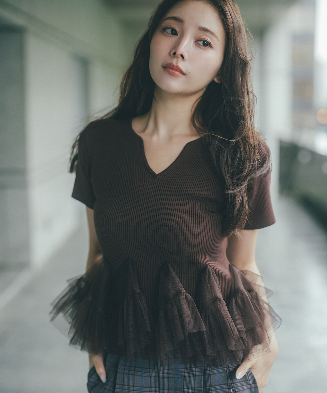 [預購]COCO DEAL 針織×網紗拼接傘襬上衣