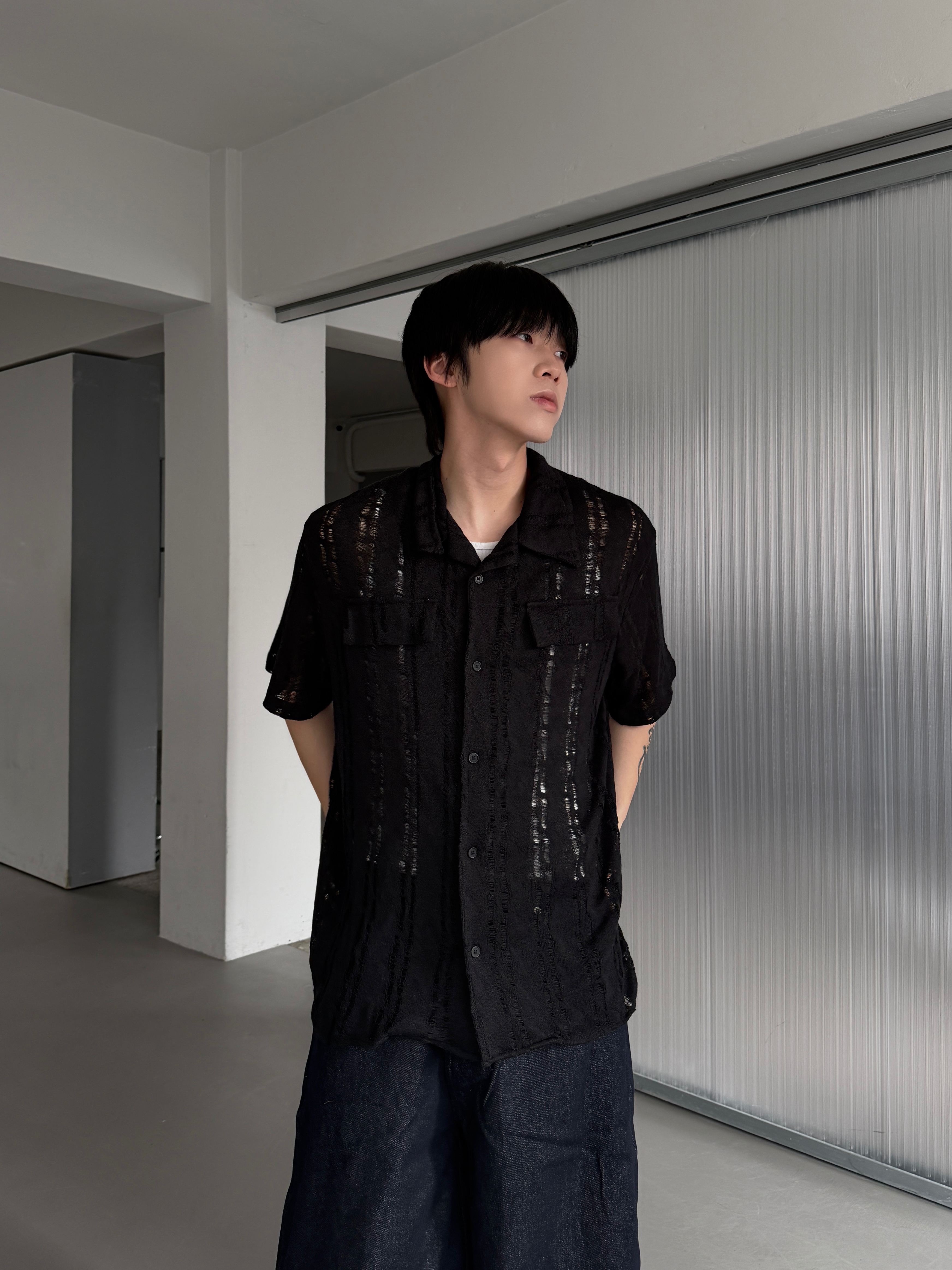 雙口袋造型 微破針織 寬鬆短袖襯衫