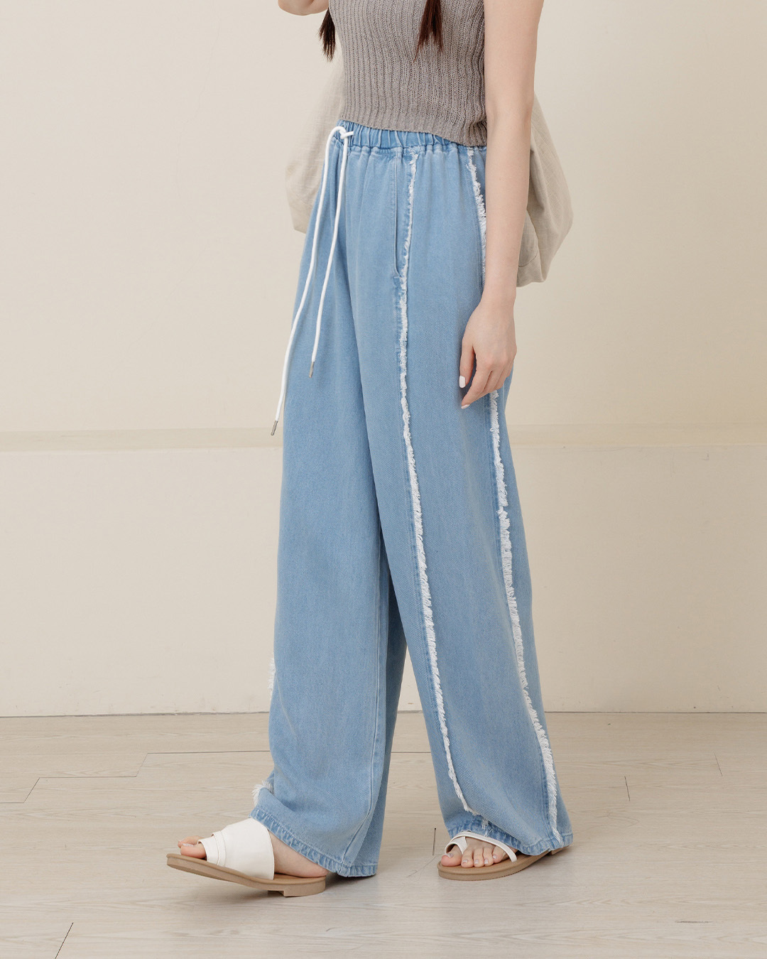 3D frayed drawstring jeans, S/M【04011872】in stock+pre-order