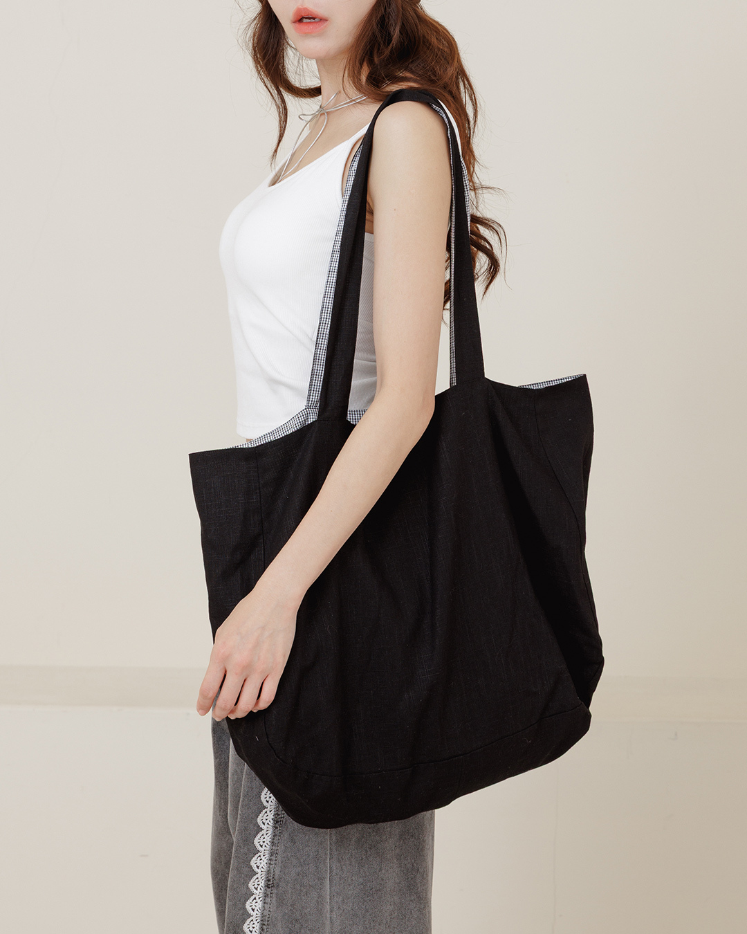 Patchwork plaid design canvas shoulder bag, available in three colors【06070429】in stock+pre-order