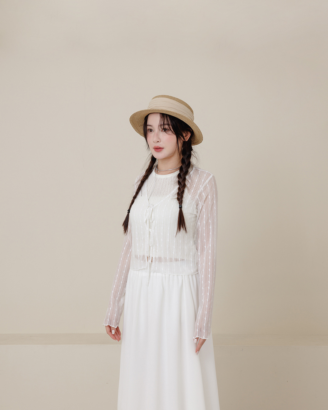 Lace jacquard tie-up long-sleeved cover-up top【01099897】in stock+pre-order