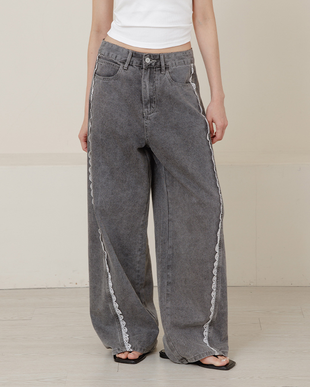 Patchwork lace wide-leg jeans, S/M/L【04011902】in stock+pre-order
