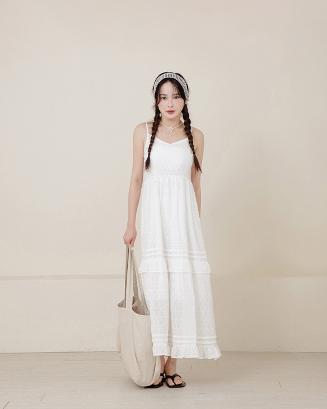 Simple V-neck jacquard design spaghetti strap long dress【01087335】in stock+pre-order