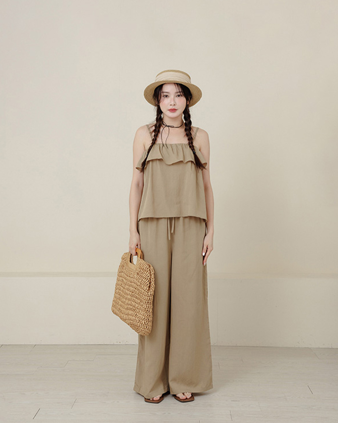 Simple 3D ruffled shoulder vest and wide-leg pants cotton linen set, available in two colors.【01087345】in stock+pre-order