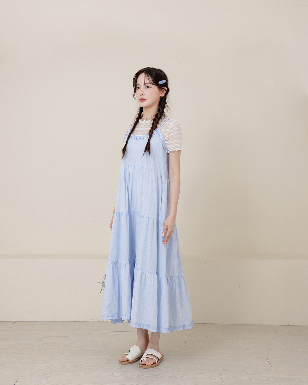 Three-dimensional lotus leaf jacquard design, thin-shouldered cake dress - blue【01087286】in stock+pre-order