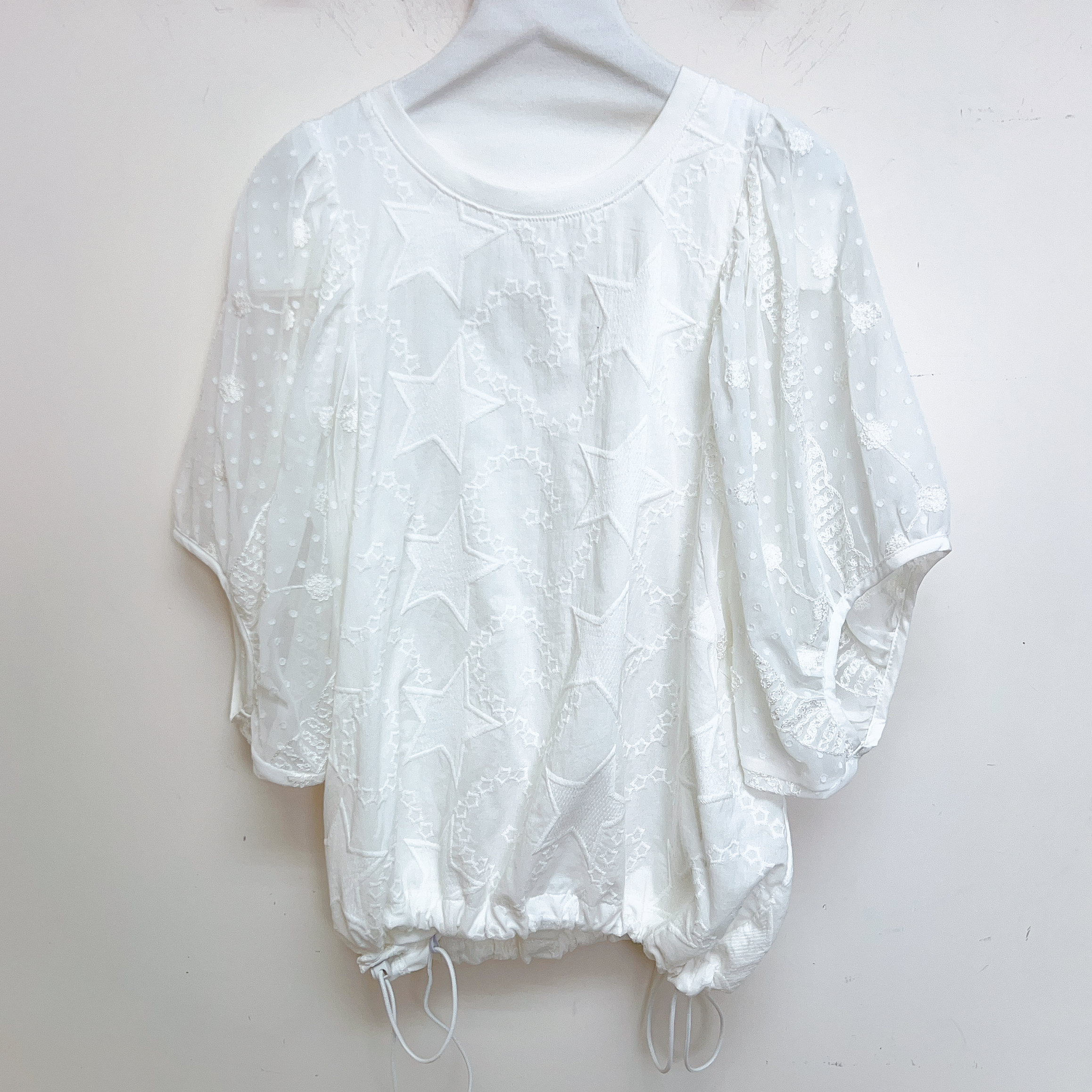 星星鏤空刺繡抽繩蕾絲泡泡袖上衣(胸46 腰46 長23吋) 69108 #2407clo