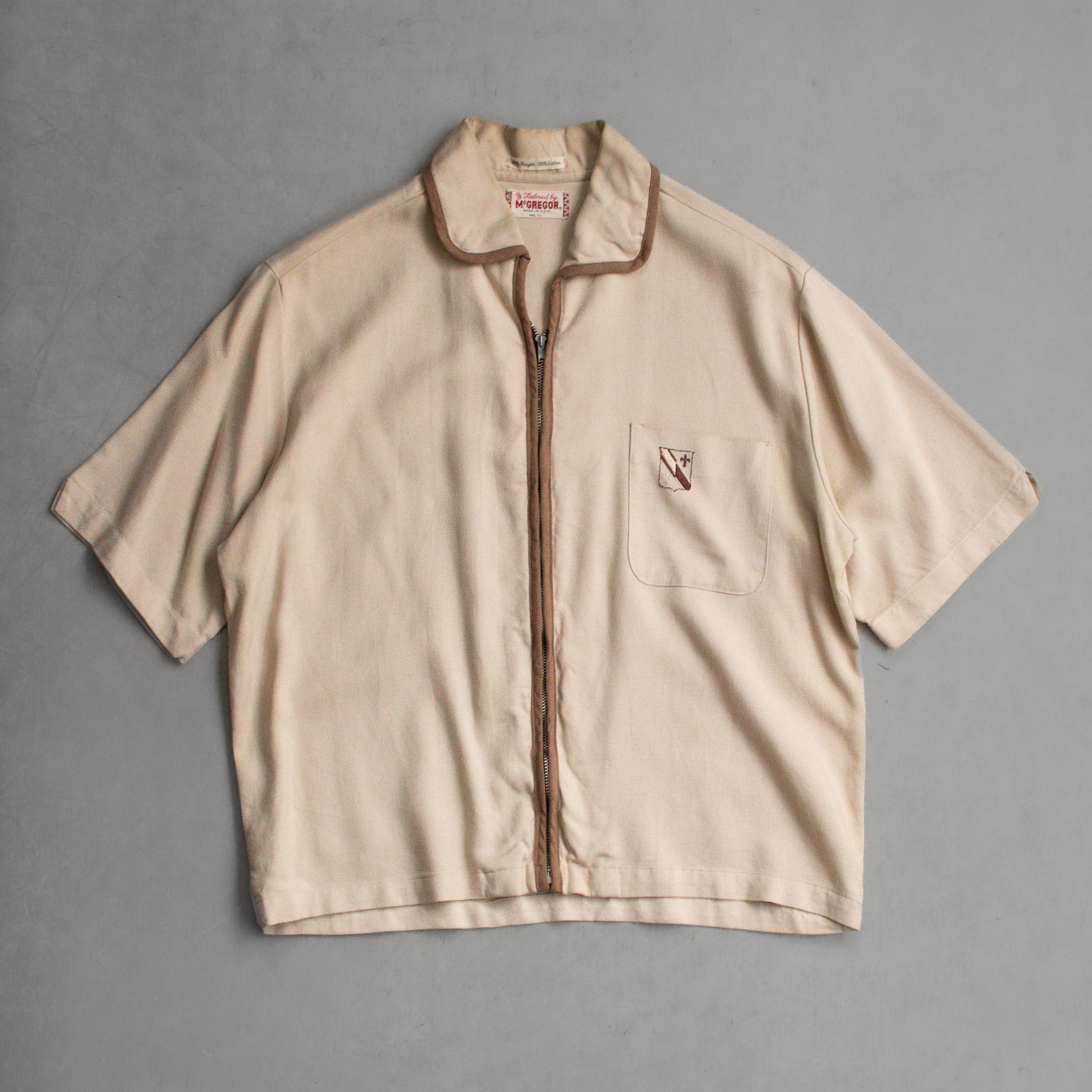 50-60S MCGREGOR RAYON ZIP UP SHIRT 美國製 卡其 嫘縈 短袖 拉鍊 襯衫