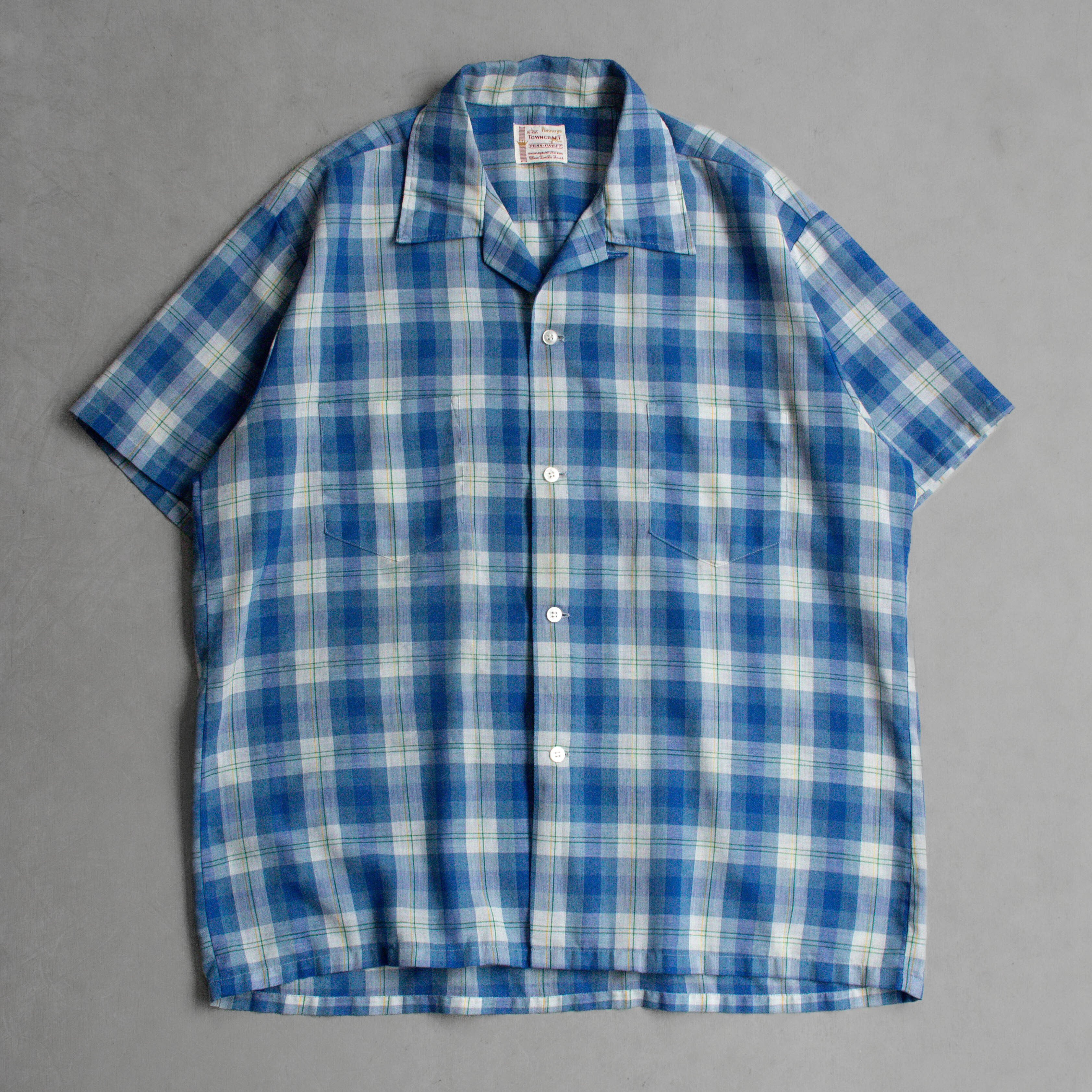 60S TOWNCRAFT OPEN SHIRT 美國製 藍色 格紋 開領 短袖 襯衫