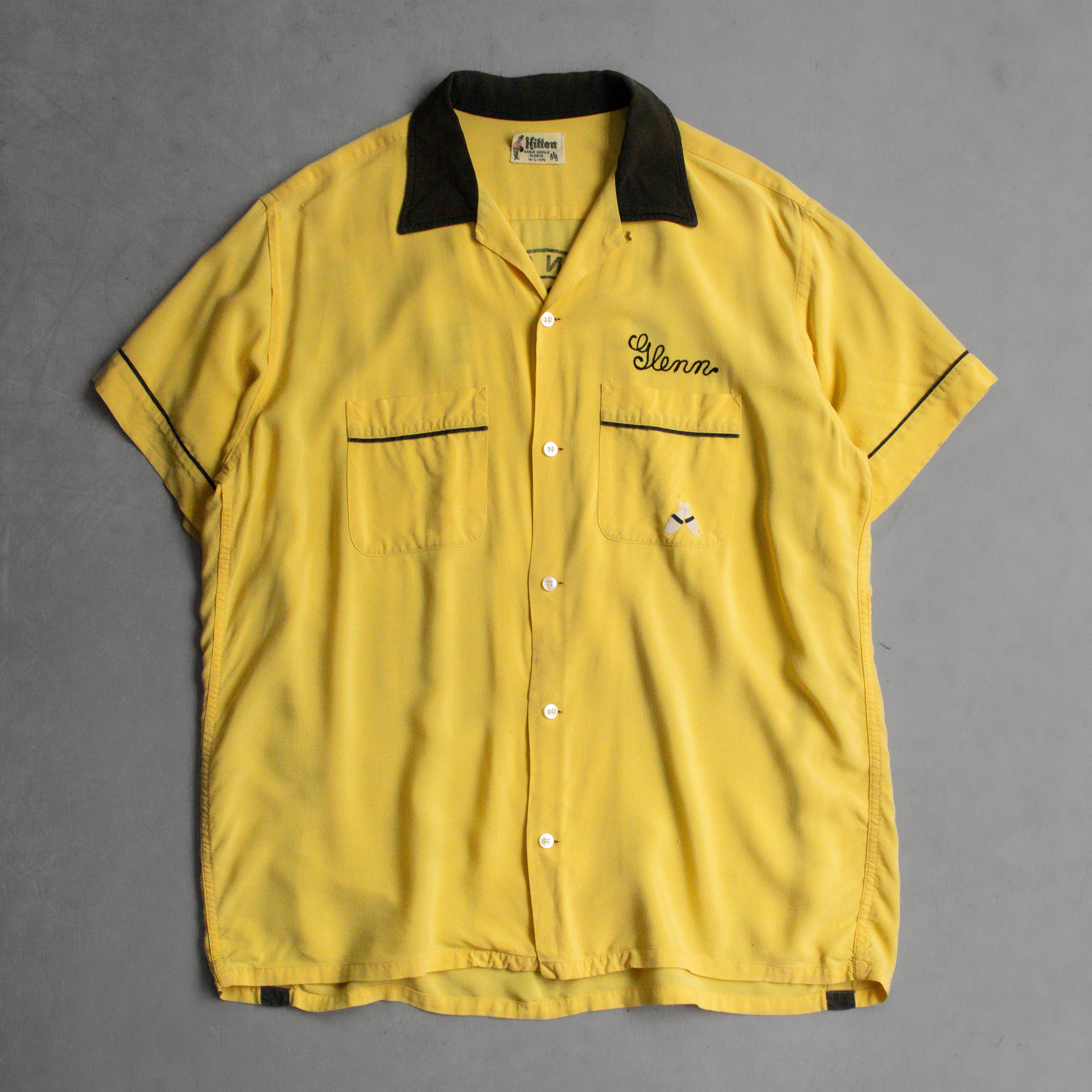 50S HILTON RAYON BOWLING SHIRT 美國製 黃色 嫘縈 短袖 保齡球 襯衫