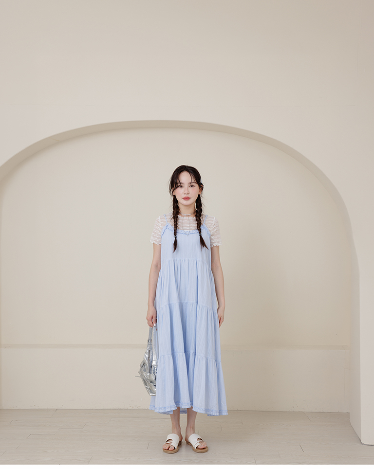 Three-dimensional lotus leaf jacquard design, thin-shouldered cake dress - blue【01087286】in stock+pre-order