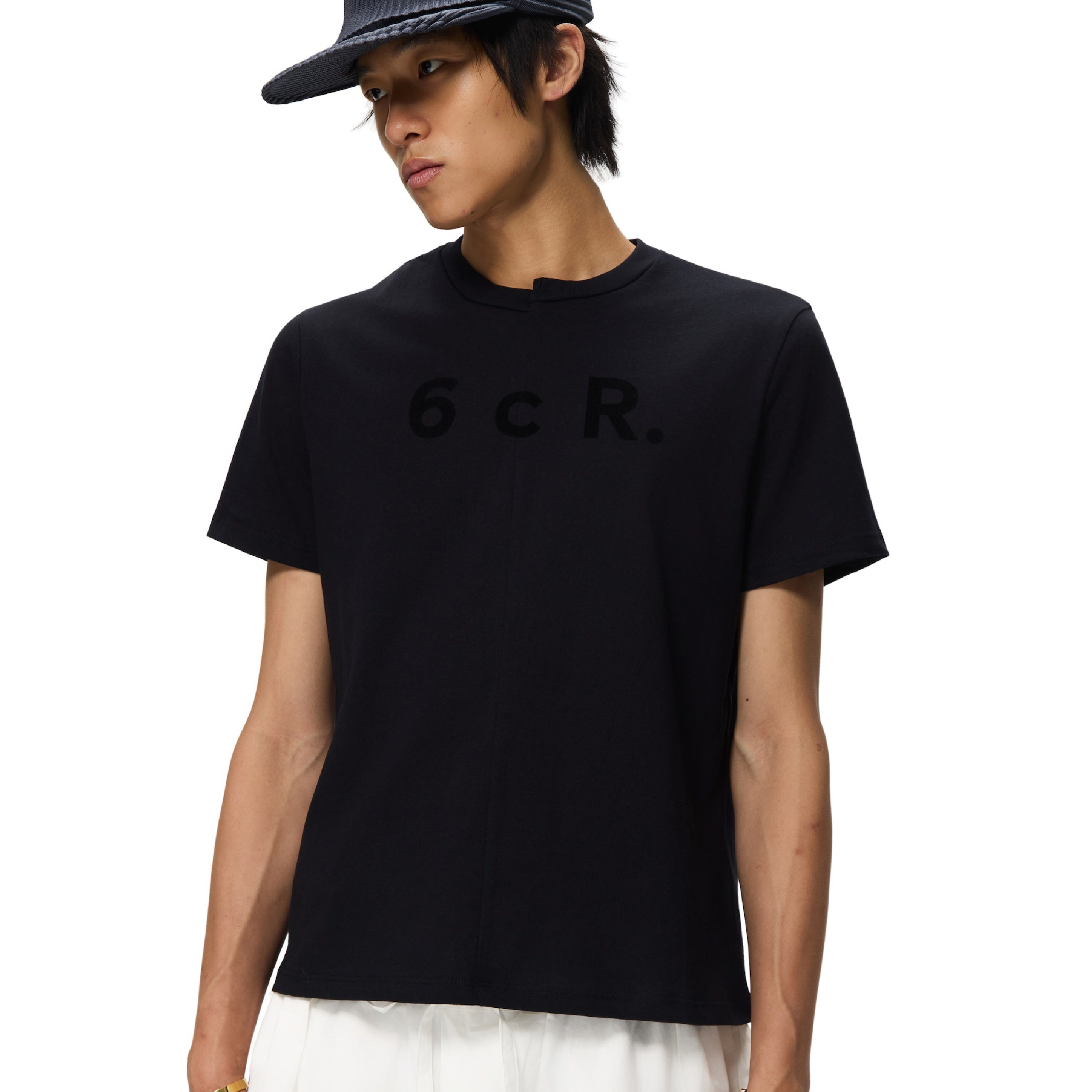 6cRAyon Flock Print Plain Knit Tee 領口錯位植絨短袖Tee