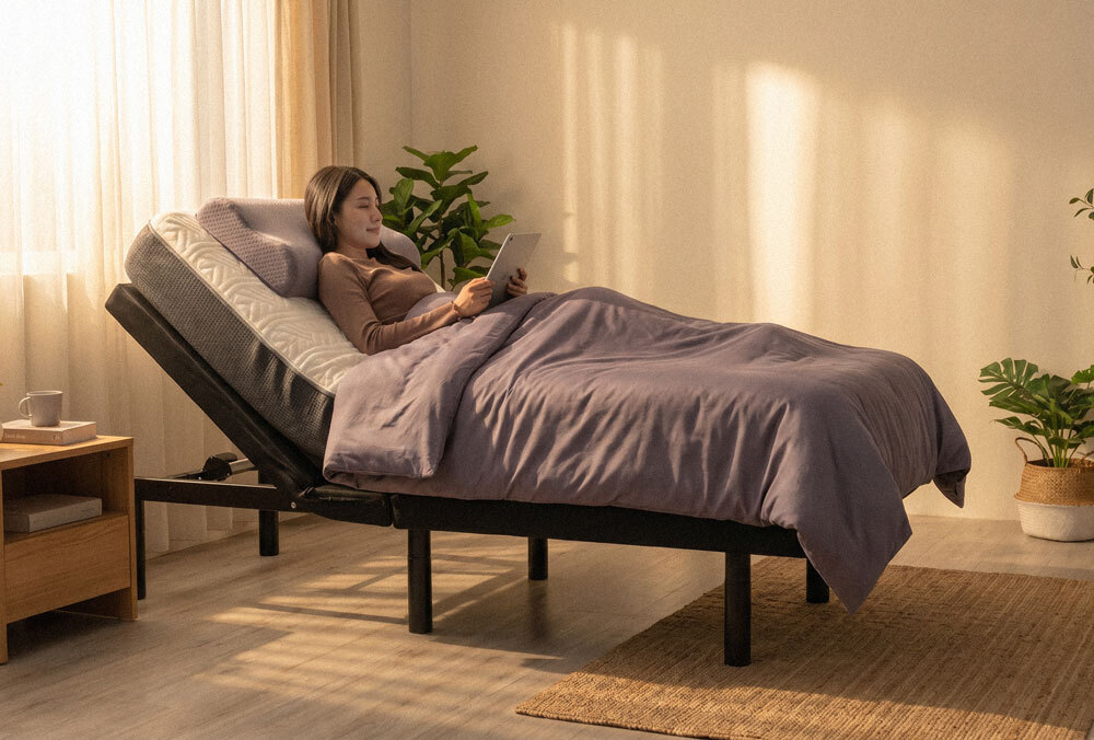 年輕女性在電動床閱讀_灰紫色天絲寢具