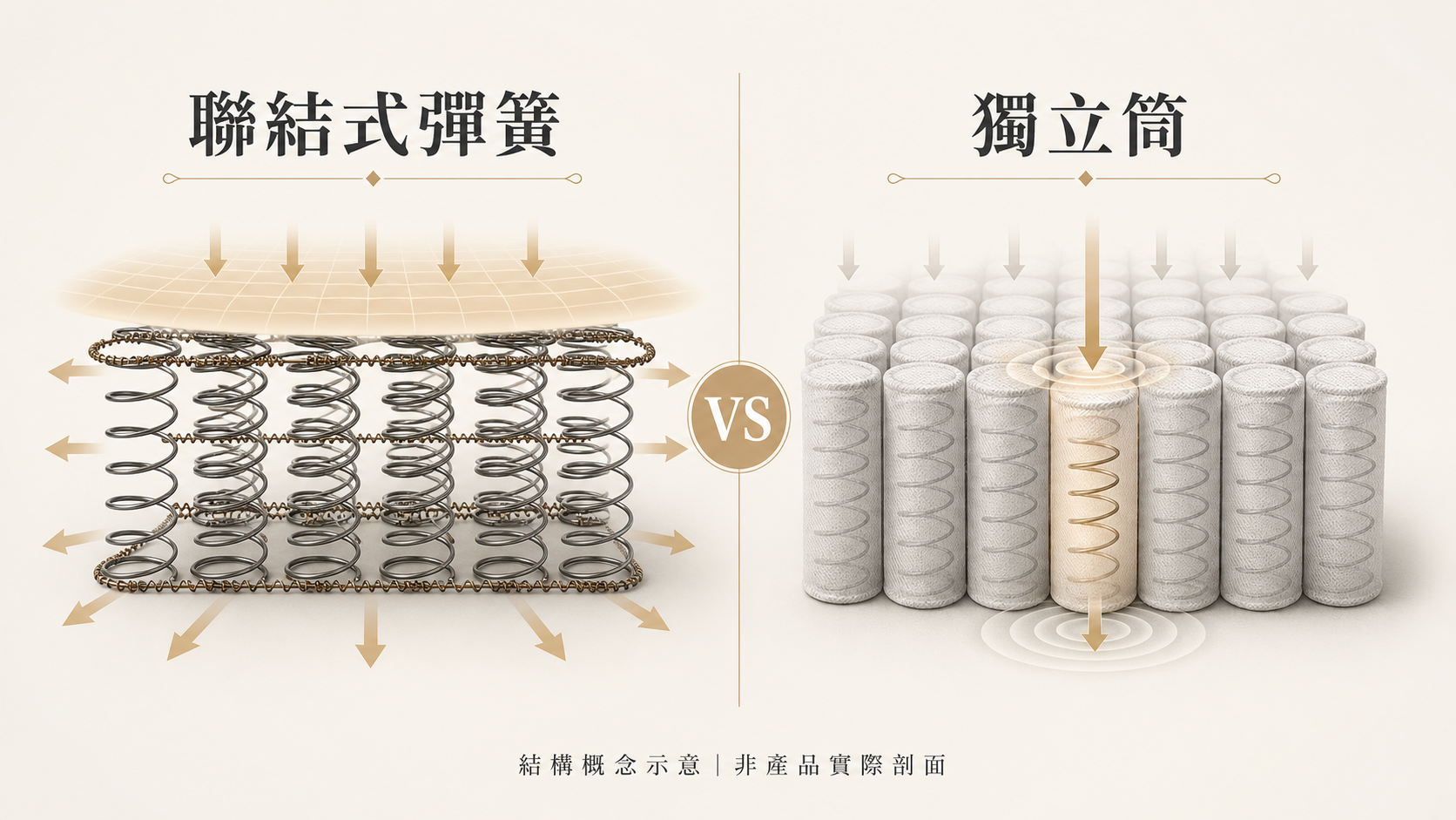 獨立筒床墊與聯結式彈簧支撐力比較結構示意