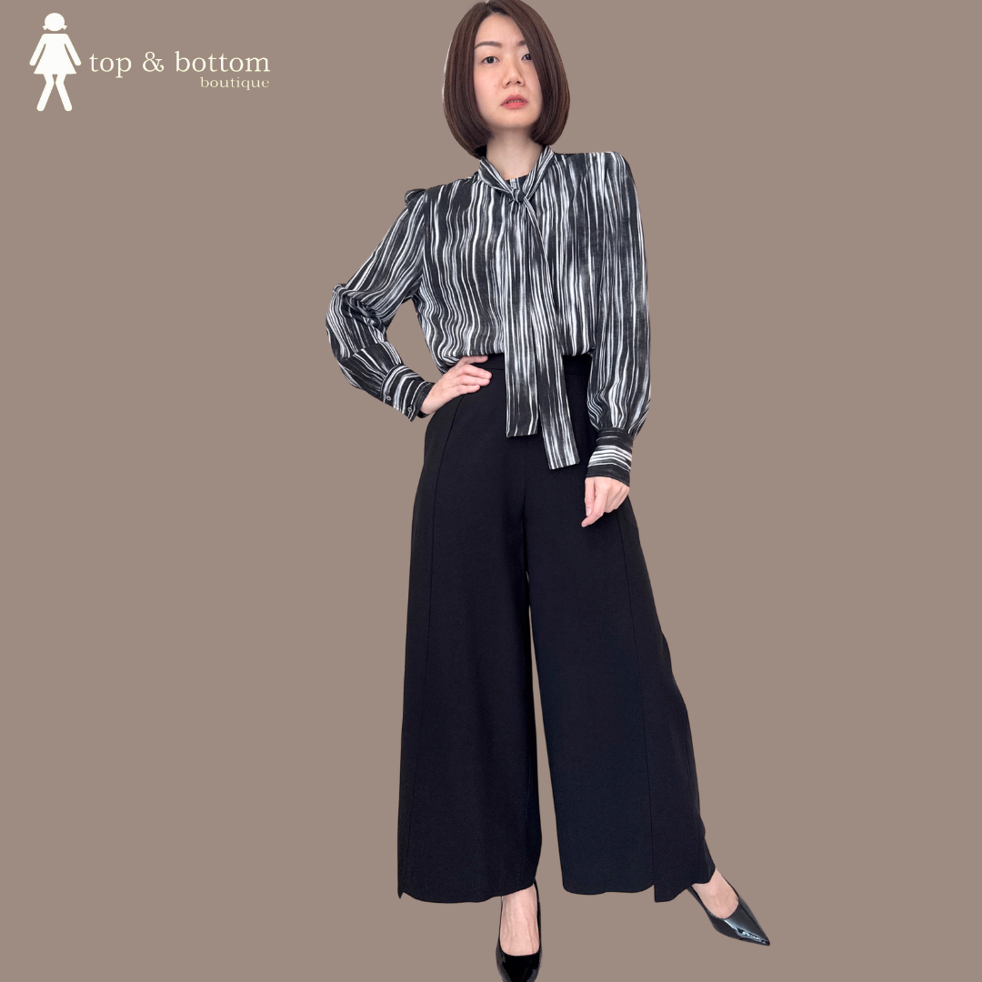 SATIN LONG SLEEVE PRINTED RIBBON BLOUSE