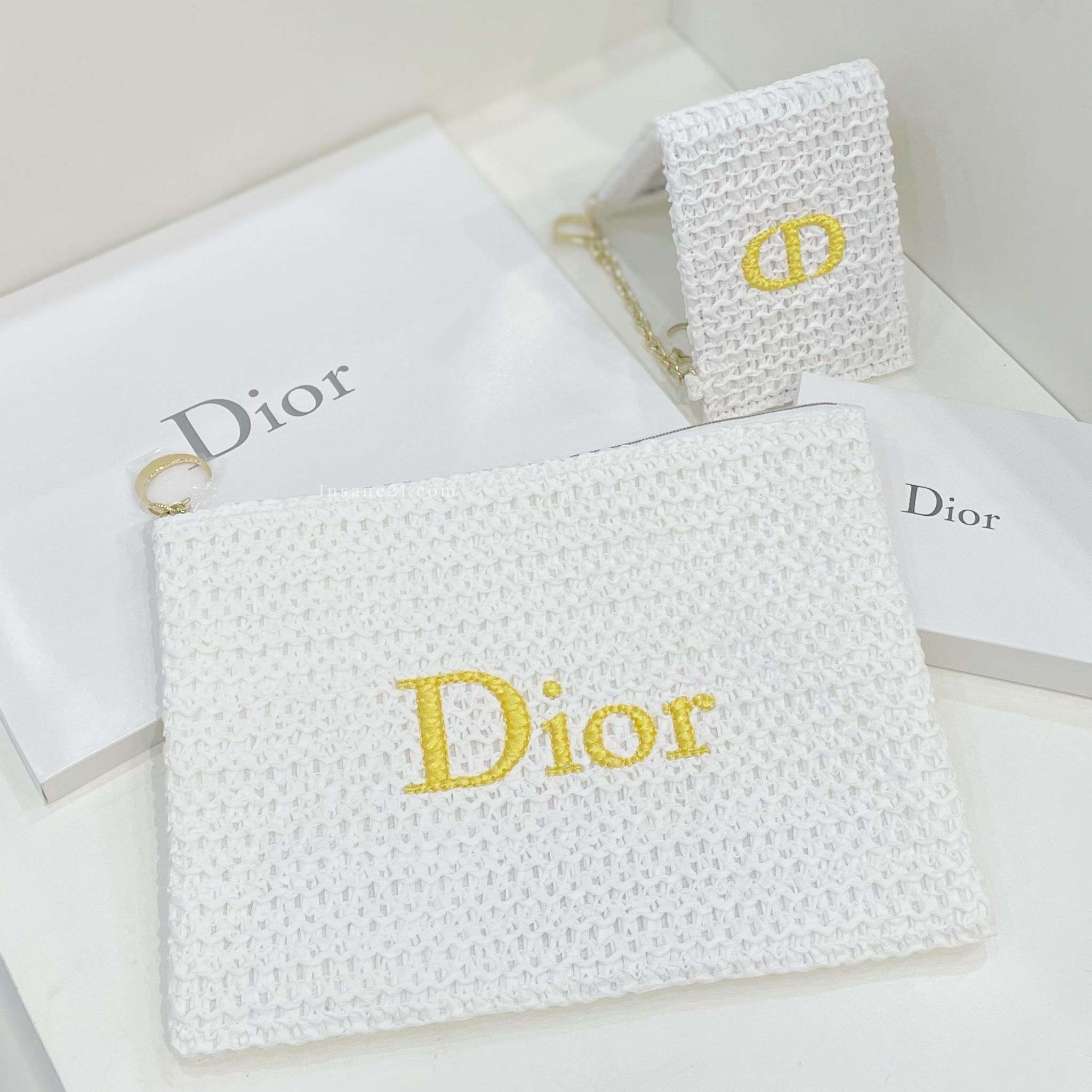 DIOR 迪奧 白色編織 折疊 化妝鏡 收納包 CD標誌 日本