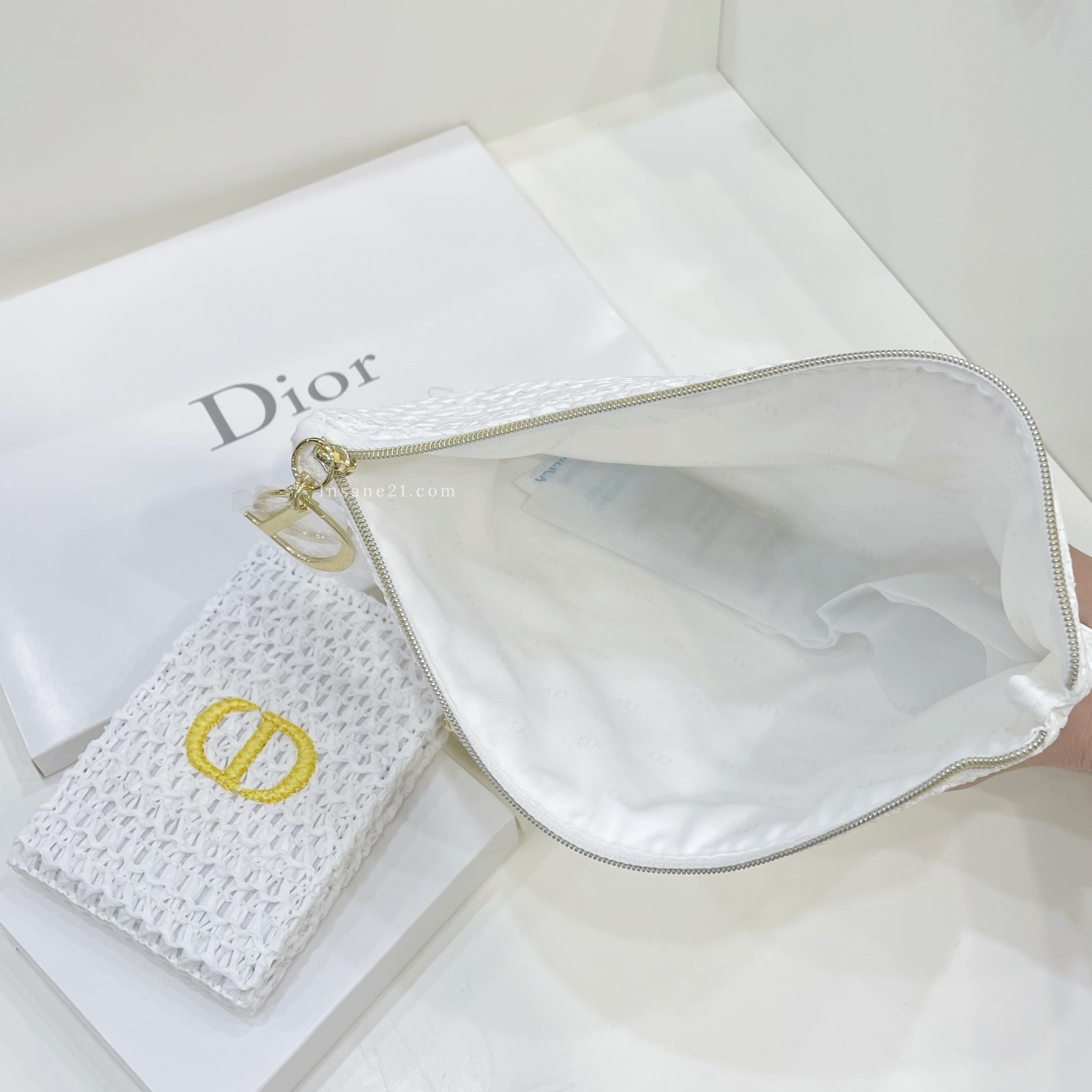 DIOR 迪奧 白色編織 折疊 化妝鏡 收納包 CD標誌 日本
