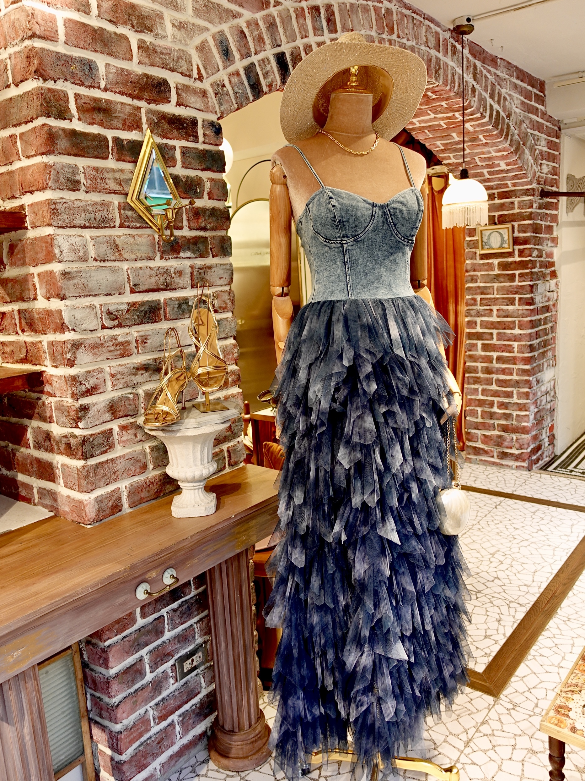 Denim單寧藍色牛仔馬甲印花層次澎澎裙Dress